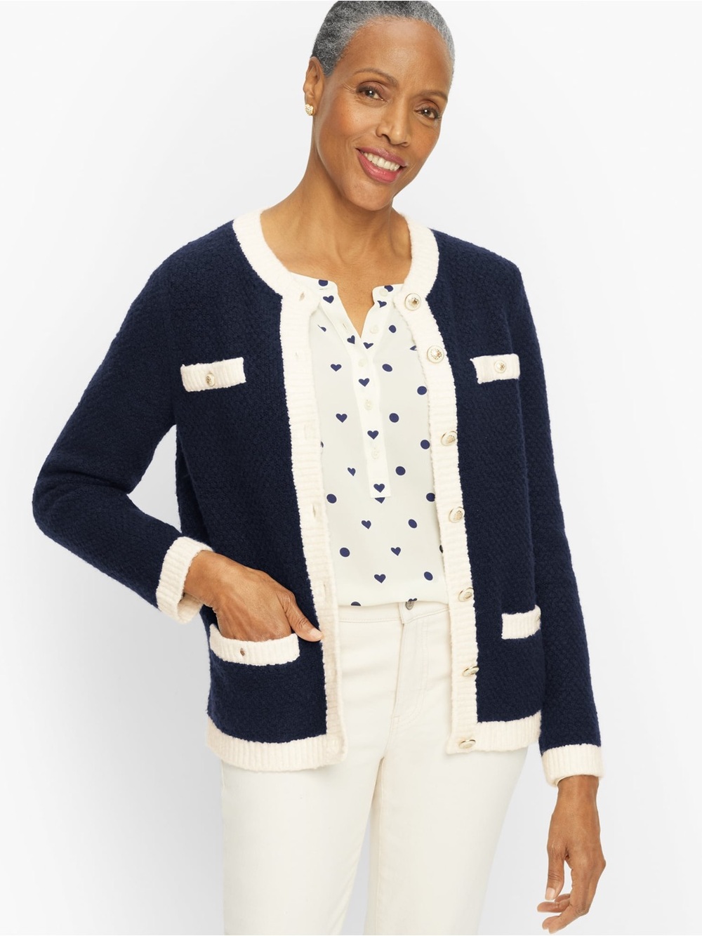 Talbots Navy Sweater with Cream Collar and Gold Button